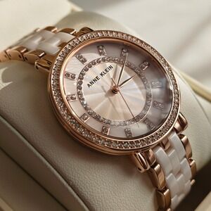 NEW Anne Klein Rose Gold Bracelet Watch Blush Pink Ceramic Crystal Accented
